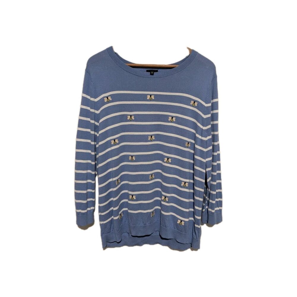 Talbots Sweater Women Medium Blue Striped Bumble Bee Crewneck Pullover XL